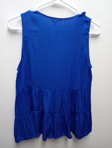 Naked Zebra Tiered Sleeveless Top | Flowy Women's Top in Blue & White Amanda Queen