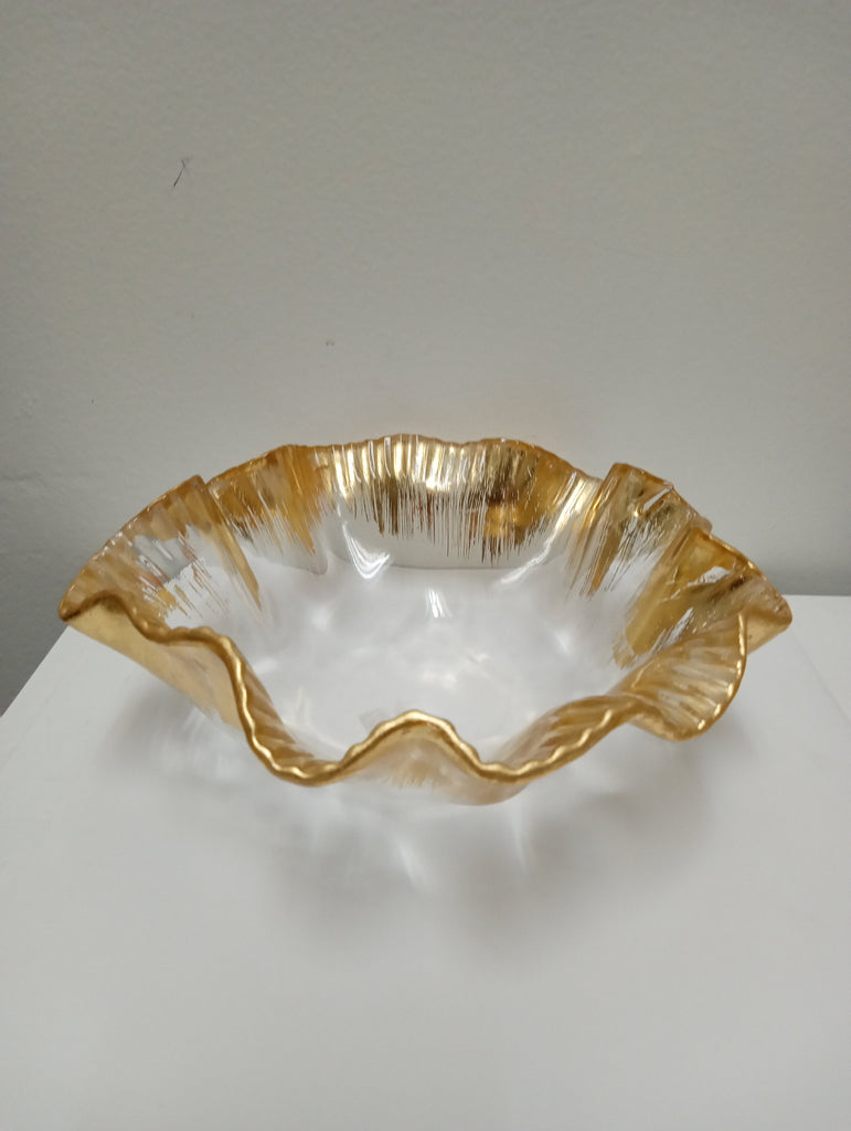 3'deep 8"round clear glass bowl w/gold trim Ashlyn Abernathy