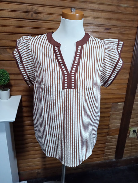 Brown & White Striped top w/v-neck Amanda Queen