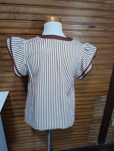 Brown & White Striped top w/v-neck Amanda Queen