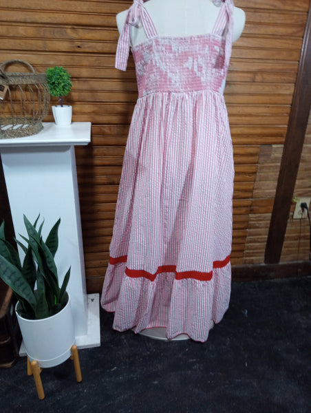 Red/White stripe Maxie dress w/tie shoulder straps Amanda Queen
