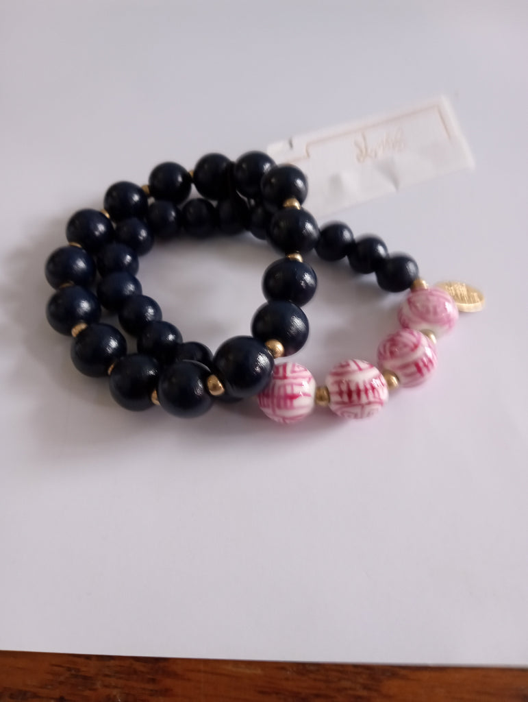 Chinoiserie 2-strand Beaded Navy-Pink/white bracelet Amanda Queen