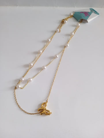 16"Double layer Necklace w/white beads/bow pendent