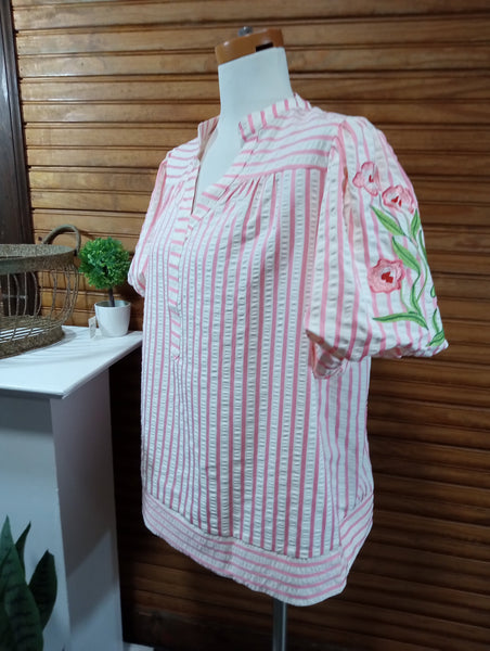 Floral Embroidered Pink Stripe Top for Women – Boho Chic Amanda Queen
