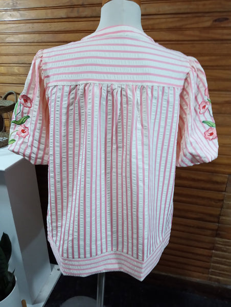 Floral Embroidered Pink Stripe Top for Women – Boho Chic Amanda Queen