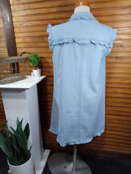 Sleeveless w/ruffle Denim dress w/front pockets Amanda Queen