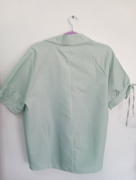 Green Striped V-Neck Top with Tie Bow Sleeves for Women Amanda Queen