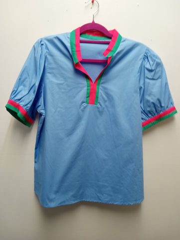 Blue Puff Sleeve Top – V-Neck Green & Pink Trim | Sizes M & L OhhMy! Gifts and Things, LLC