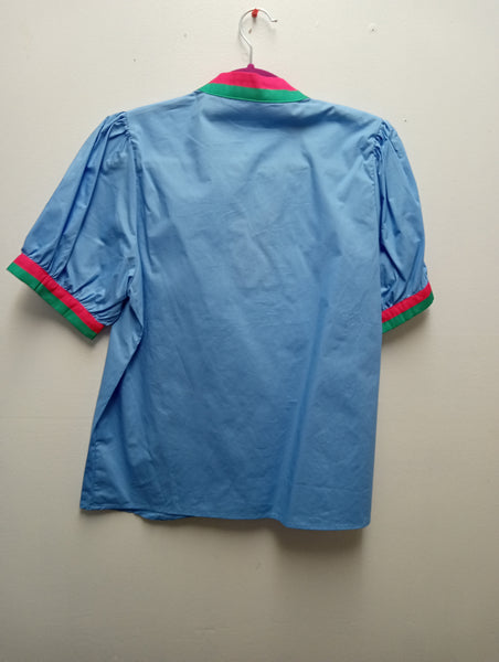 Blue Puff Sleeve Top – V-Neck Green & Pink Trim | Sizes M & L OhhMy! Gifts and Things, LLC