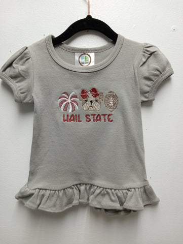Girls Hail State T-shirt w/pompom/dog/football/bottom ruffle Sew Sisterly