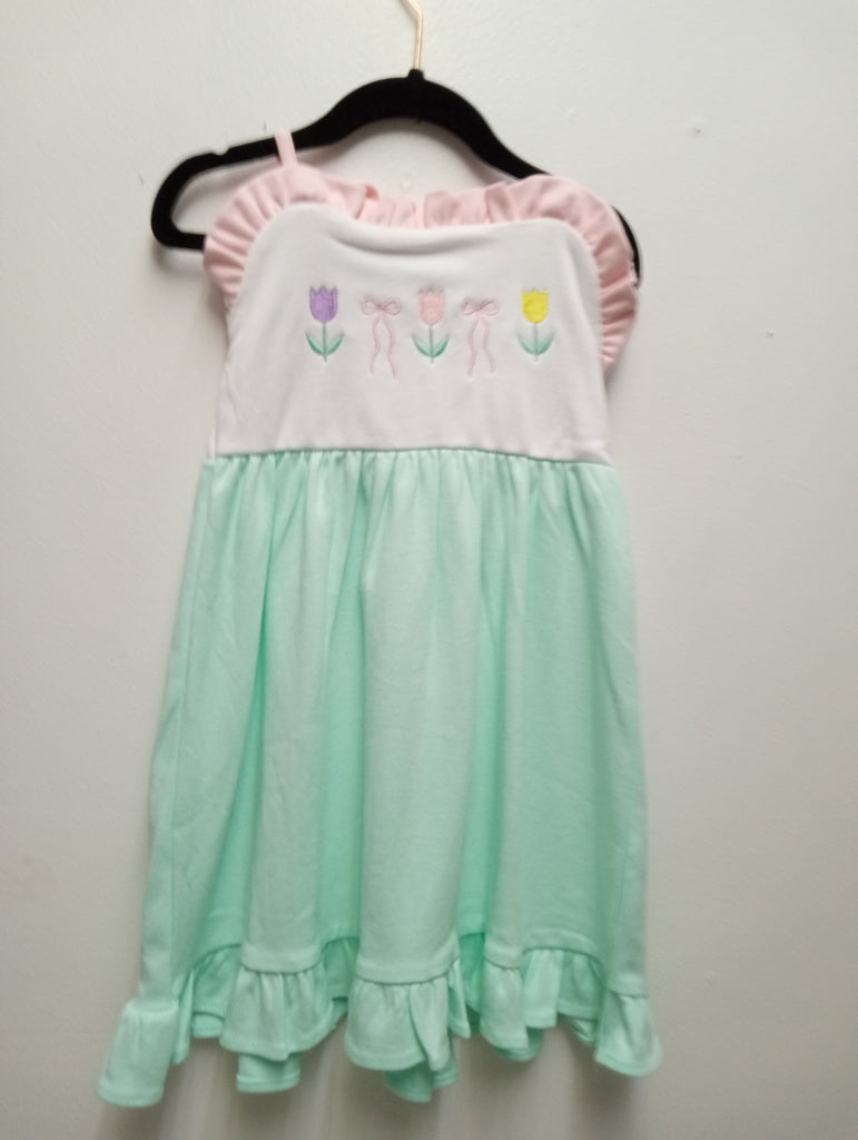 Girls Green & Pink Floral Dress – Tie Strap Summer Outfit Sew Sisterly