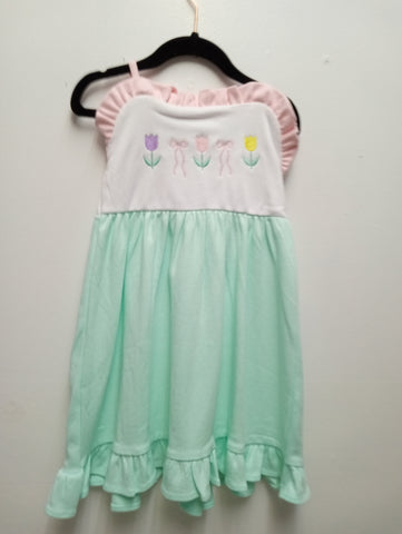Girls Green & Pink Floral Dress – Tie Strap Summer Outfit Sew Sisterly