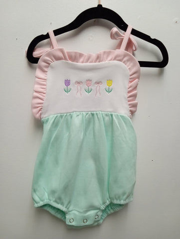 Girls Green & Pink Floral Romper – tie Strap Girls Summer Outfit Sew Sisterly