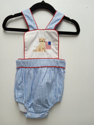 Boys Blue checkered romper w/dog/flag Sew Sisterly