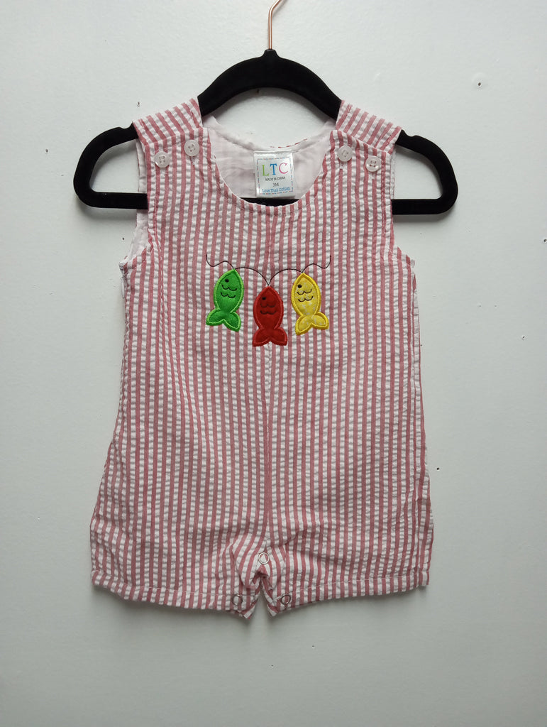 Kids Red/White Stripe romper w/3 Applique fish Sew Sisterly