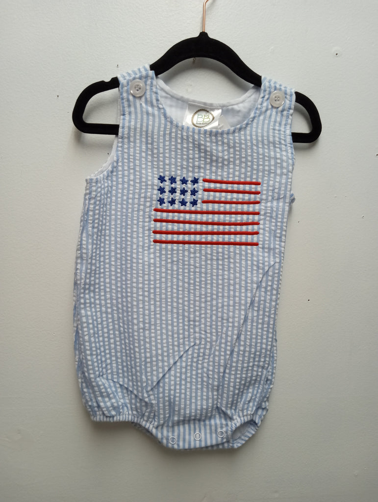 Kid's Blue/White stripe romper w/American flag Sew Sisterly