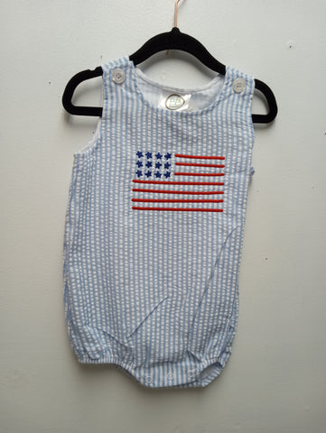 Kid's Blue/White stripe romper w/American flag Sew Sisterly