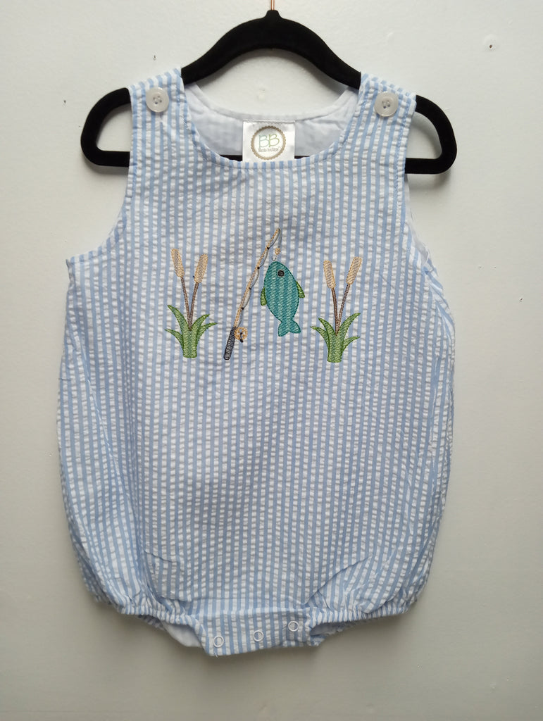 Kids blue/white stripe romper w/fish on pole Sew Sisterly