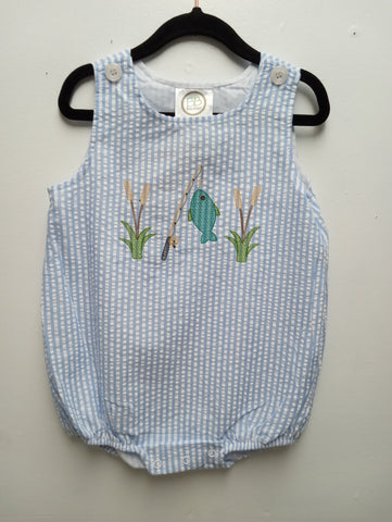Kids blue/white stripe romper w/fish on pole Sew Sisterly