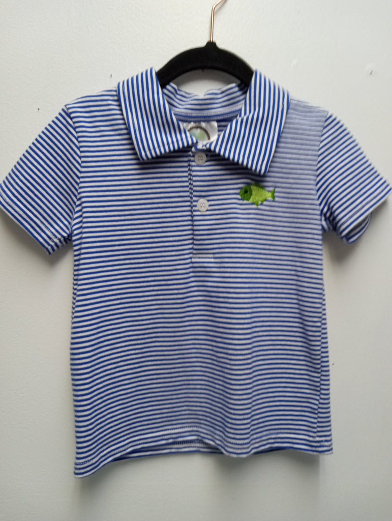 Boys Blue/white stripe polo w/green fish Sew Sisterly