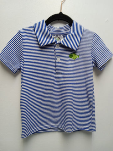 Boys Blue/white stripe polo w/green fish Sew Sisterly