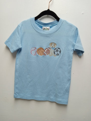 Boys T-shirt w/Dog & sport balls Sew Sisterly