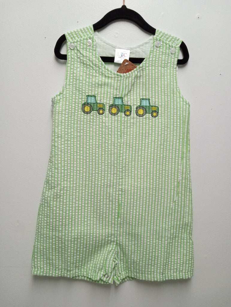 Boys Green/White Stripe romper w/3 tractors Sew Sisterly