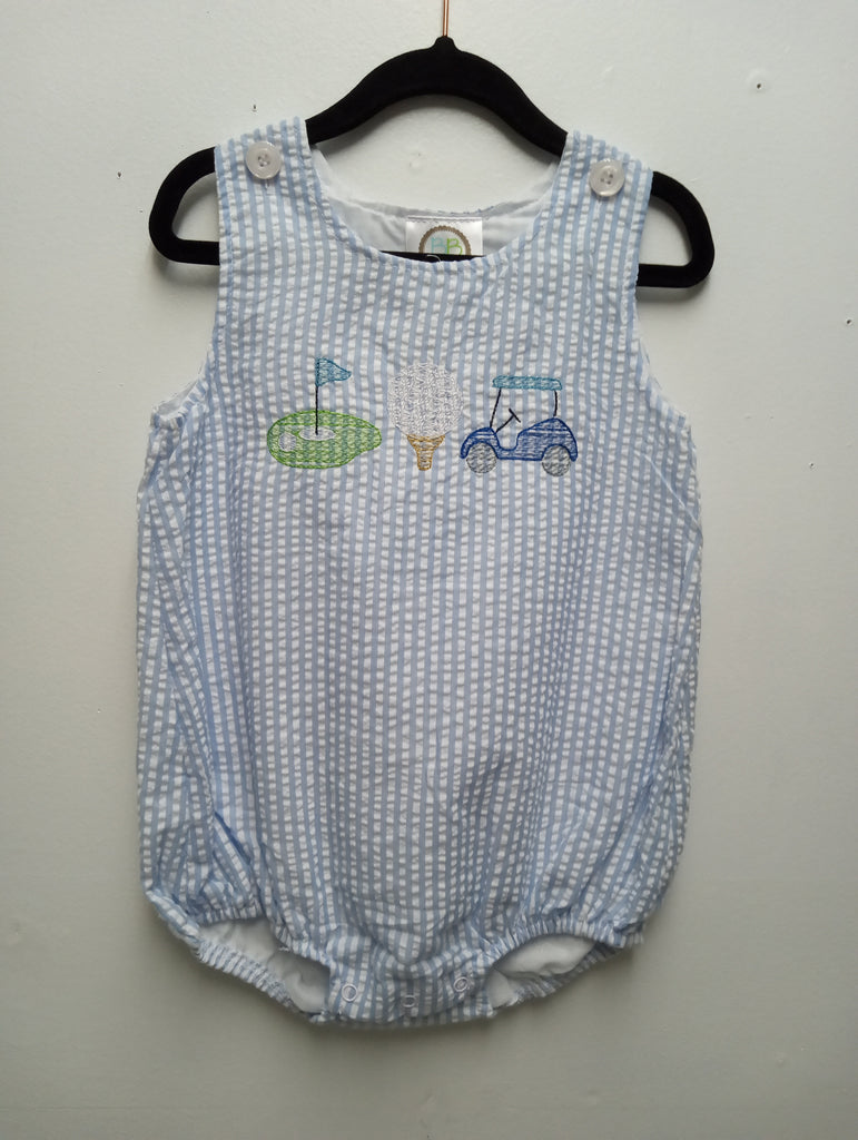 Boys blue/white stripe romper w/golf/golf cart and tee Sew Sisterly
