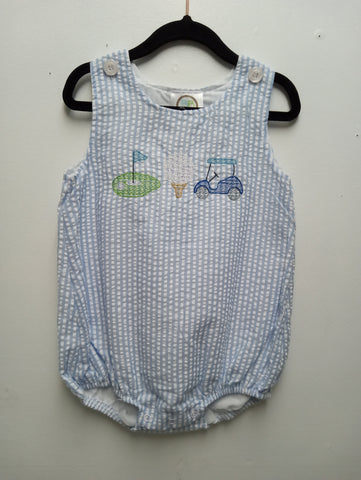 Boys blue/white stripe romper w/golf/golf cart and tee Sew Sisterly