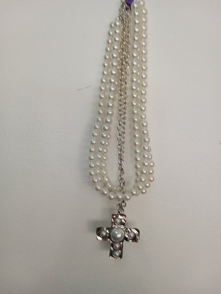 14" Faux Pearl & Silver Cross Necklace with Pearl Bead Accent OhhMy! Gifts and Things, LLC