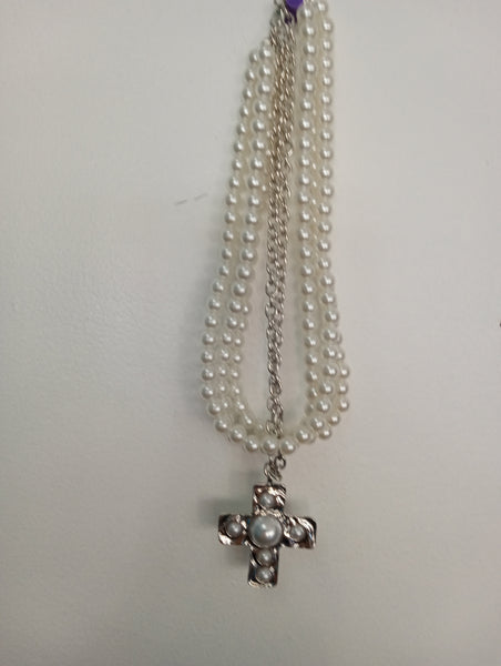 14" Faux Pearl & Silver Cross Necklace with Pearl Bead Accent OhhMy! Gifts and Things, LLC