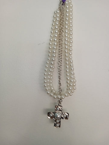 14" Faux Pearl & Silver Cross Necklace with Pearl Bead Accent OhhMy! Gifts and Things, LLC