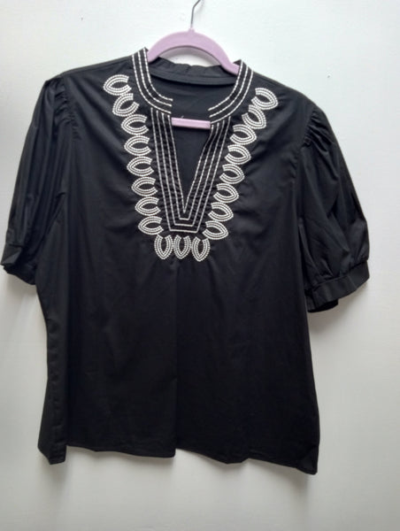 Black V-Neck Puff Sleeve Top | Raised White Embroidered Design | M & L Amanda Queen
