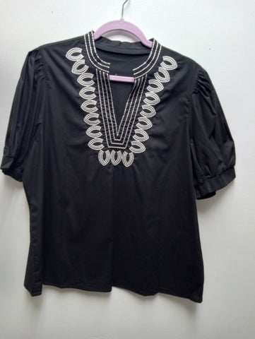 Black V-Neck Puff Sleeve Top | Raised White Embroidered Design | M & L Amanda Queen