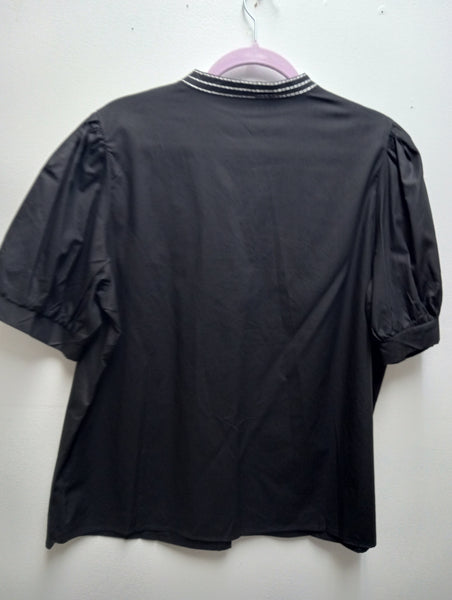 Black V-Neck Puff Sleeve Top | Raised White Embroidered Design | M & L Amanda Queen