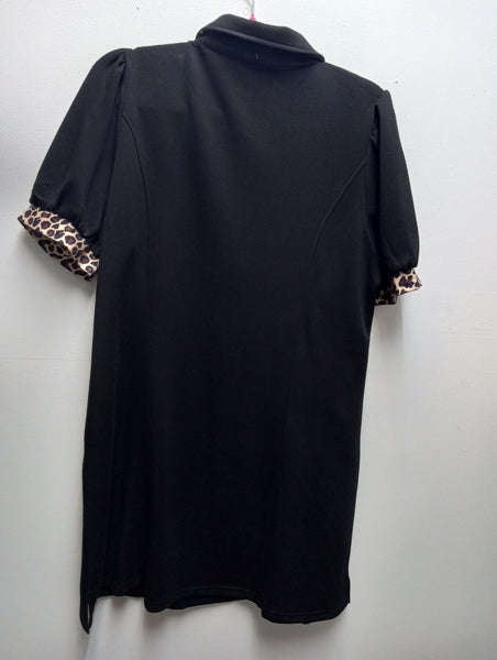 Black Mini Dress with Leopard Trim & Gold Zip | Puff Sleeve | S–XL Amanda Queen