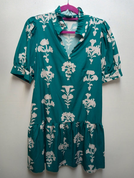 Green Floral Dress – Boho Women's Midi Dress with Floral Print Amanda Queen