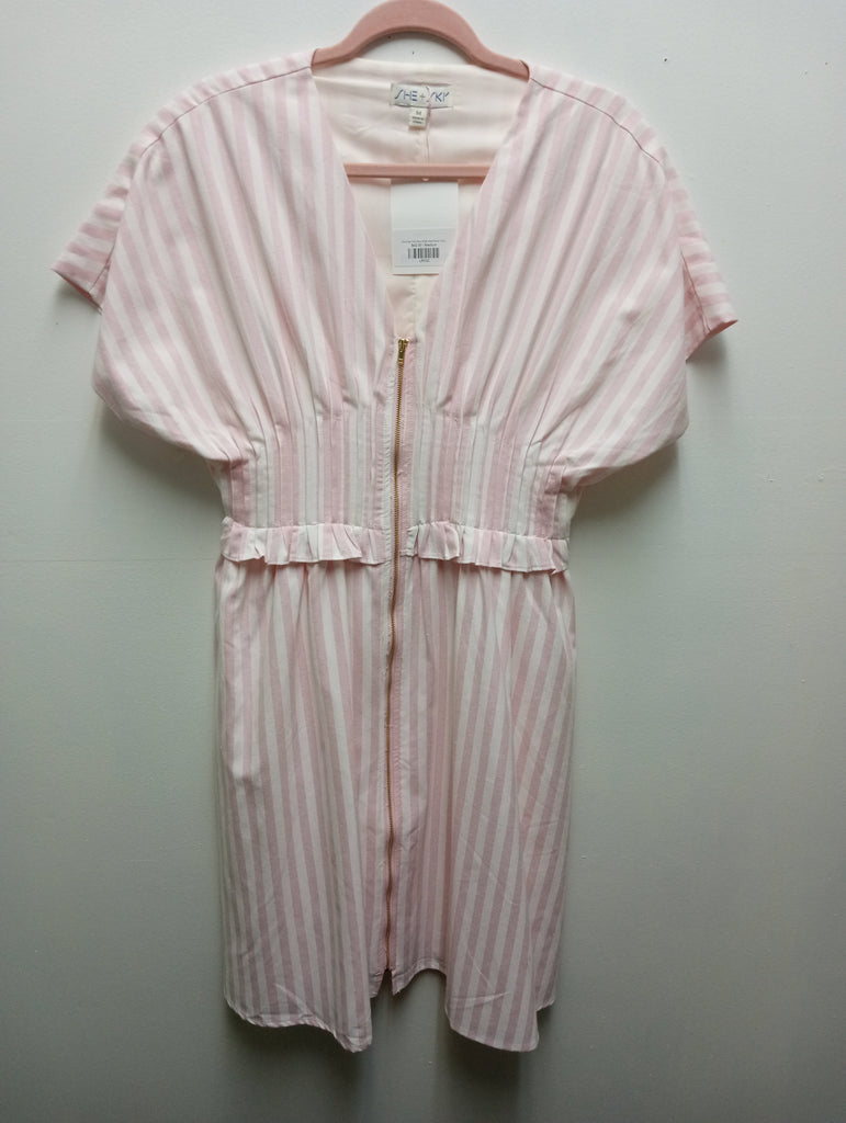 She & Sky Pink Stripe Ruffle Waist Dress | Front Zip Detail Landon Ramsey-Maria Briones