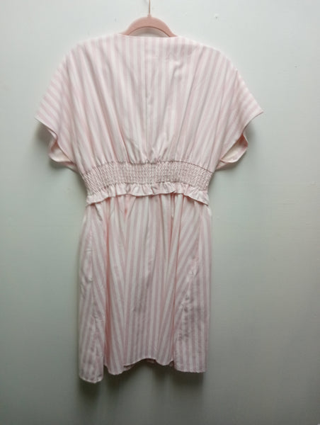 She & Sky Pink Stripe Ruffle Waist Dress | Front Zip Detail Landon Ramsey-Maria Briones