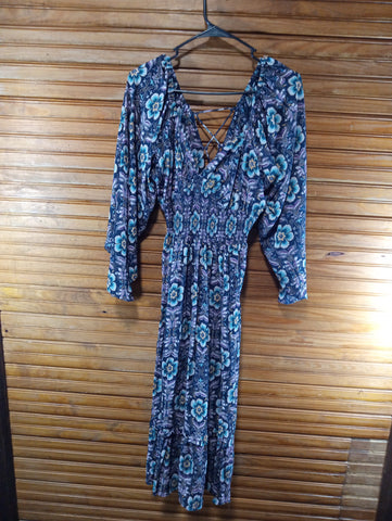 Preloved w/tags Angie Dress Large Navy colorful floral w/tie back Debra Hodge