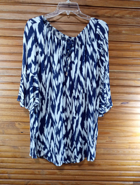 Preloved Anne Cole M/L Tunic Navy/White w/tie collar Debra Hodge