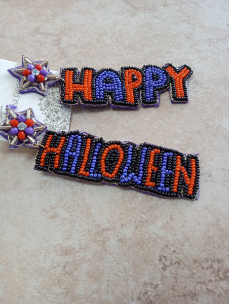 Black/purple/orange beaded HAPPY HALLOWEEN earrings Amanda Queen
