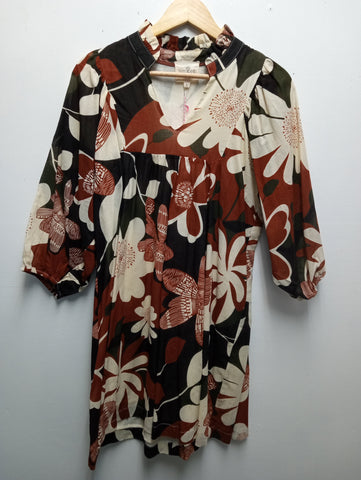 Umgee Brown/Burnt Orange/cream floral V-neck dress Amanda Queen
