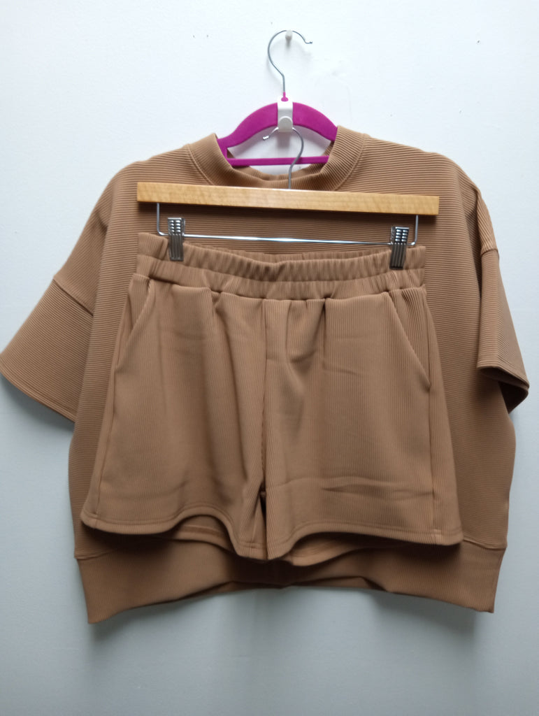 Zenana Ribbed Tan Short Set Amanda Queen