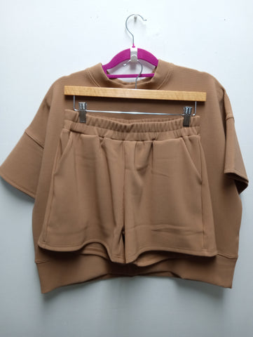Zenana Ribbed Tan Short Set Amanda Queen