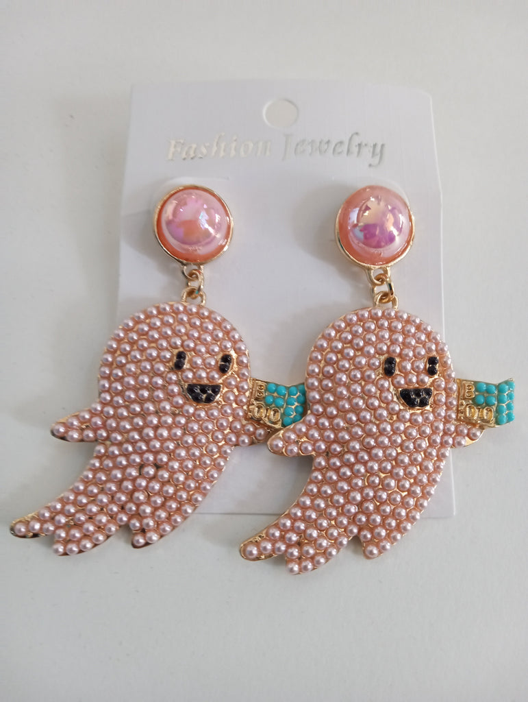 Halloween acrylic pink Beaded Ghost Earrings Amanda Queen