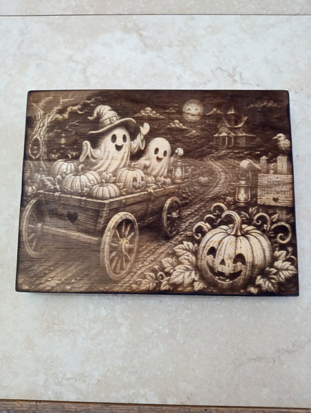 Handmade Fall Halloween Burnt Wood Laser Art Shelf Sitter Rick Dantzler