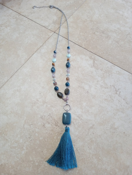 27" Boho Beaded Necklace | Peacock Teal Tassel & Extender