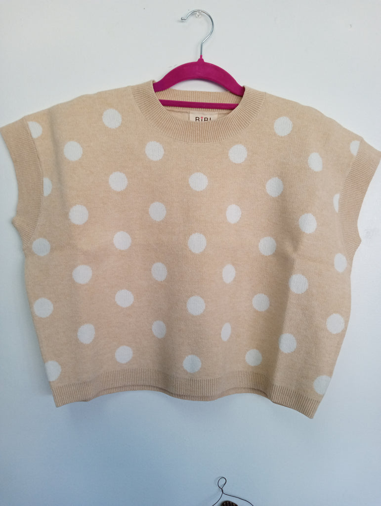 BiBi Cropped Tan Sweater w/cream polka dots