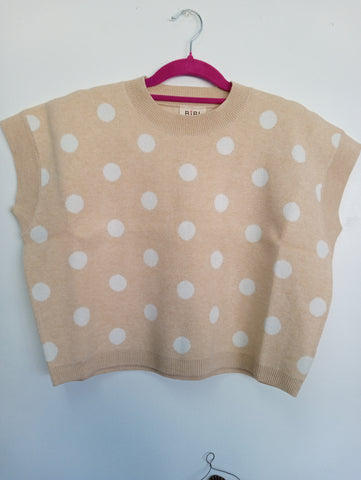 BiBi Cropped Tan Sweater w/cream polka dots